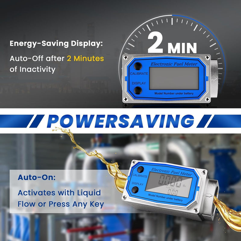 Fuel Meter 3/4 Inches, Digital Turbine Fuel Flow Meter 2.5-31 GPM Aluminum Alloy Engineered, Industrial Grade Fuel Transfer Meter for Water, Diesel, Gas Oil, Gasoline, Supports Gallon, QTS, PTS, L, m³ 3/4 inch Silver