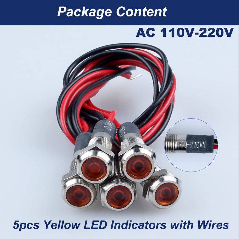 [Australia - AusPower] - 5 Pcs 6mm 110V-220VAC Metal LED Indicator Light Mounting Hole 1/4" 20mA Energy Saving Signal lamp Waterproof IP67 with Wire for machine tools household appliances etc. Yellow LED 