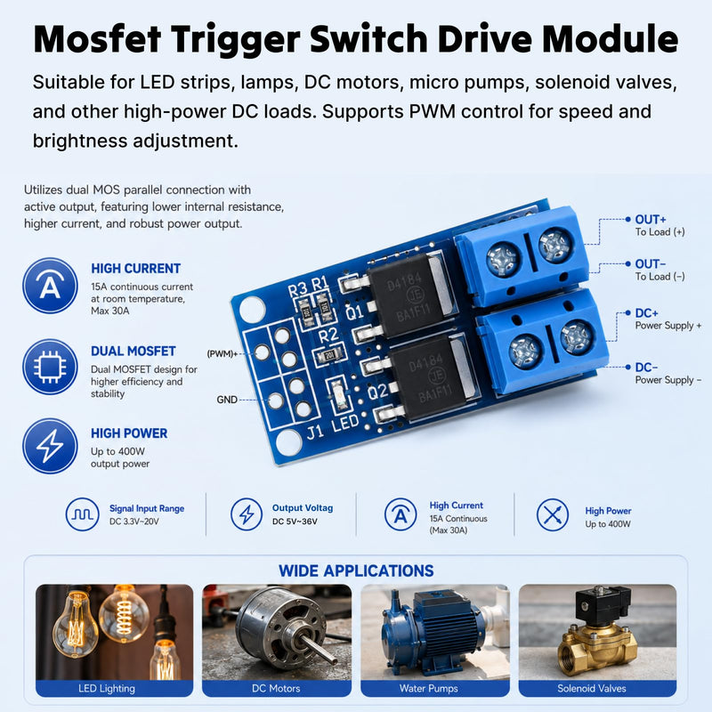 Mosfet Module DC 5V-36V 400W 15A (max. 30A), IRLZ44N MOSFET Dual Driver PWM 0-20KHz, Mosfet Set Transistor Switch for Ar-duino and Microcontroller DIY Electronics Projects Pack of 10