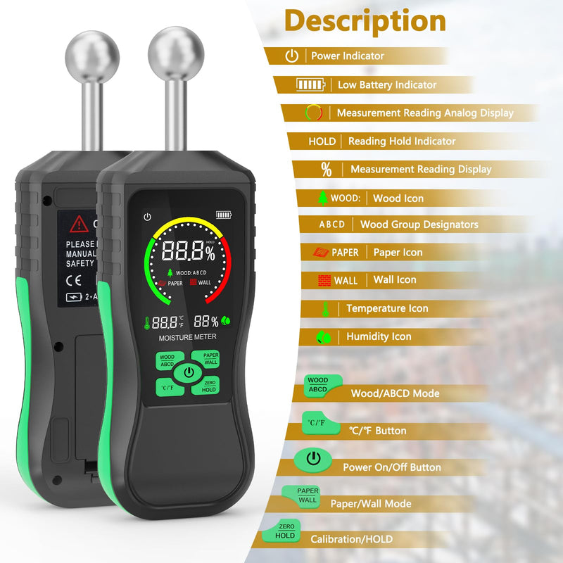 [Australia - AusPower] - Ball Inductive Wood Moisture Meter, Non-Destructive Moisture Detector in Drywall, Wood, Masonry, Backlit LCD Display and Alarm Moisture Reader Tester, Detects up to 20mm 