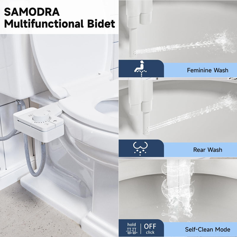 SAMODRA Bidet Attachment for Toilet, Non-Electric Fresh Cold Water Bidet Toilet with Angle Control Dual Nozzle, Adjustable Water Pressure & Self Cleaning Nozzle (1 Unit, WHIET) 1 unit