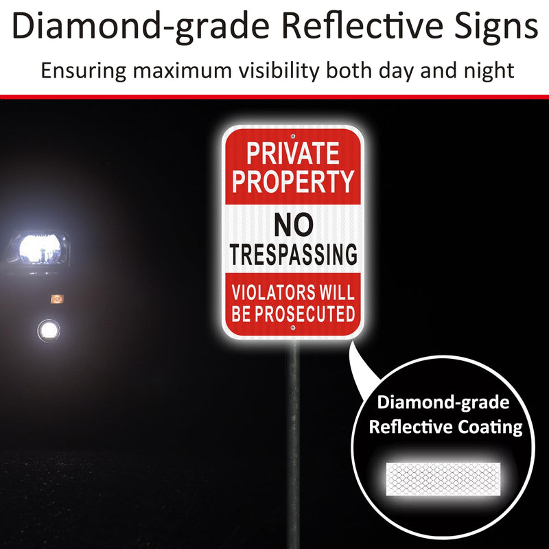 (2 Pack) Reflective Metal No Trespassing Signs Private Property, 18" x 12" Heavy-duty Aluminum Private Property Signs Outdoor, Keep Out Violators Will Be Prosecuted, Rust-free, No Fade, Weather-resistant, Easy to Mount BLACK NO TRESPASSING - 12"X18"