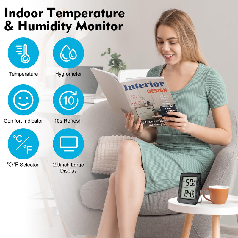 [Australia - AusPower] - Digital Hygrometer Indoor Thermometer Humidity Meter Room Thermometer with Large Number Display,Temperature and Humidity Monitor for Home,Baby Room, Bedroom, Office, Greenhouse (Black) Black 1 Pack 