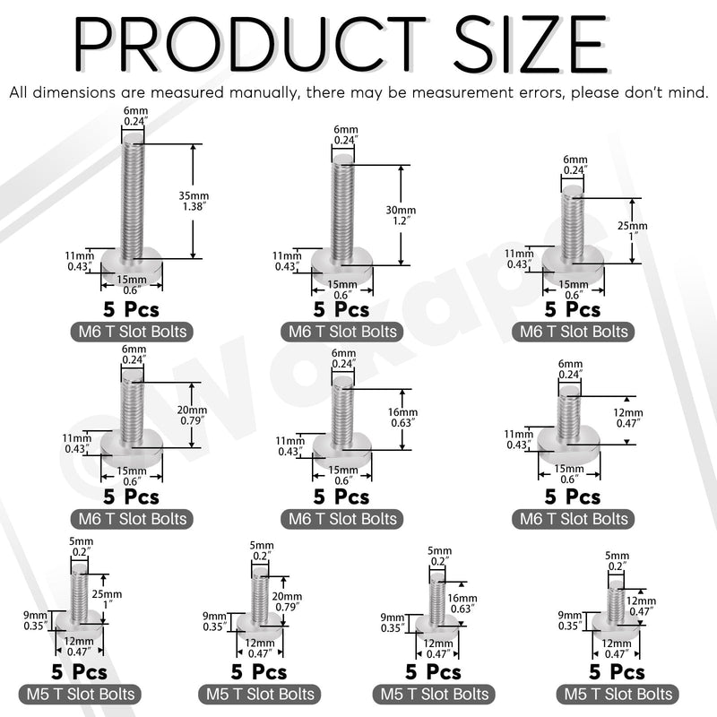 [Australia - AusPower] - 50pcs 304 Stainless Steel T-Slot Bolt Assortment Kit, M5 x 12/16/20/25mm and M6 x 12/16/20/25/30/35mm Drop-in Stud Sliding Bolts T Shape Screws for T Track 