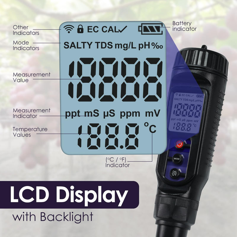 [Australia - AusPower] - pH Meter for Food 3-in-1 Digital pH EC Temperature Meter with ATC, Food pH Tester for Checking Fermentation/Bread Dough/Sausages, Waterproof pH Probe Meter for Cosmetics, Solid and Soft Soil Sample 
