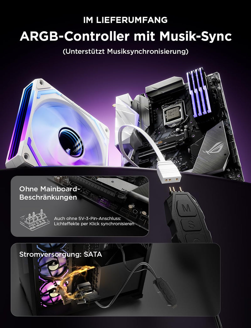 [Australia - AusPower] - AsiaHorse COSMIQ RGB PC Fan 120 mm Reverse Case Fan Pack of 3, ARGB Daisy Chain PC Fan [Infinity Mirror] [FDB] 2000 RPM/68.5 CFM/24 LEDs 4 Pin PWN & 5V 3Pin ARGB with Controller. White 120MM-Reverse 