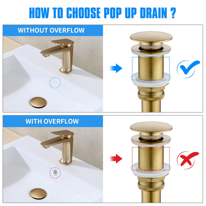 JONKEAN Bathroom Pop Up Drain Without Overflow,Vanity Vessel Sink Drain with Detachable Strainer Basket,Pop Up Drain Stopper Hair Catcher, Built-in Anti-Clogging Strainer(Brushed Gold) NO Overflow Brushed Gold