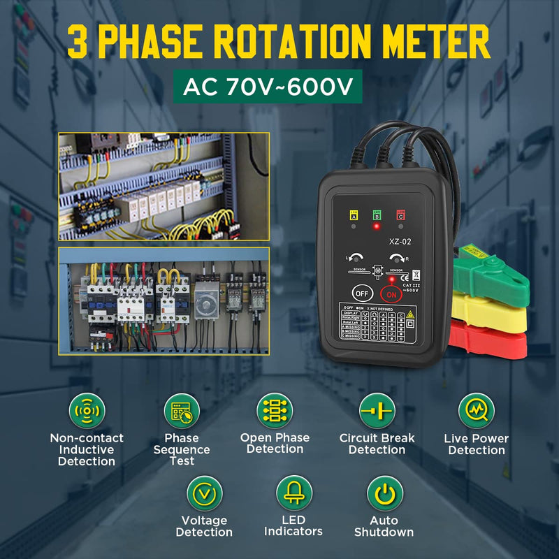 [Australia - AusPower] - Phase Rotation Meter Non-contact 3 Phase Rotation Meter AC 70~600V Phase Sequence Rotation Tester High Magnetic Induction Rotation Meter Auto Power Off Phase Meter with LED, 20-inch Clamp Lead,Handbag XZ-02 