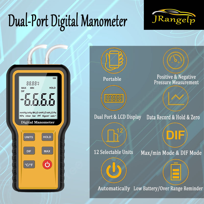 Digital Manometer Professional Air Pressure Meter, Dual-Port Gas Pressure Tester Handheld HVAC Manometer 12 Selectable Units Differential Pressure Gauge with Battery & Backlight