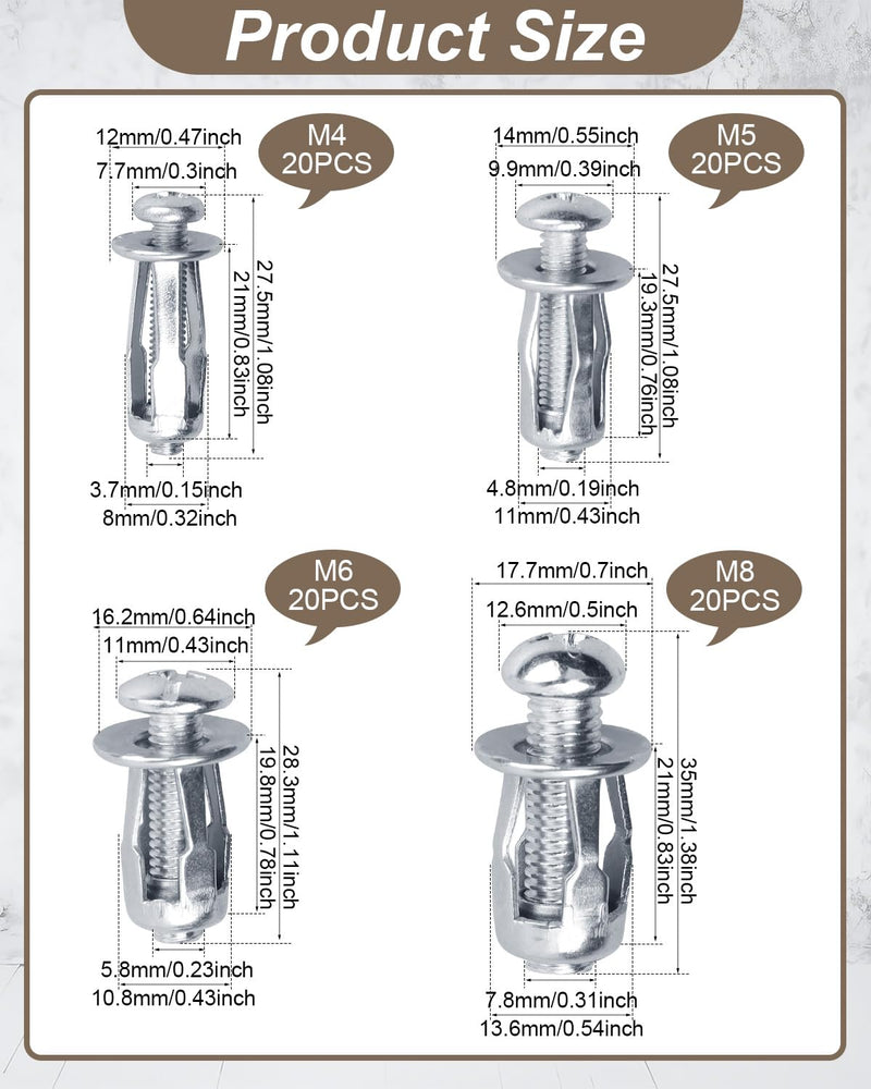 [Australia - AusPower] - 80Pcs Expansion Screw Petal Nut, M4 M5 M6 M8 Jack Nuts, Petal Shape Metal Nut with Screws Assembly for Hollow Wall Iron Skin Plasterboard 