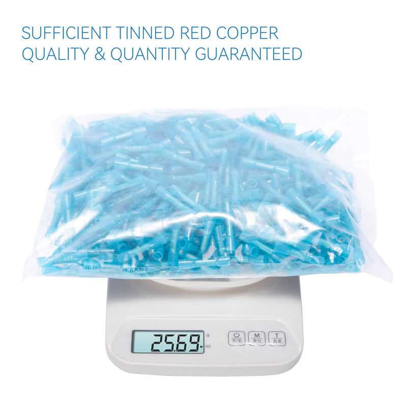 HKS 500 PCS Heat Shrink Butt Connector Blue 16-14 AWG - Electrical Connectors - Tinned Red Copper 0.8mm - Automotive Marine Stereo Boat Crimp - Waterproof and Insulated 16-14AWG