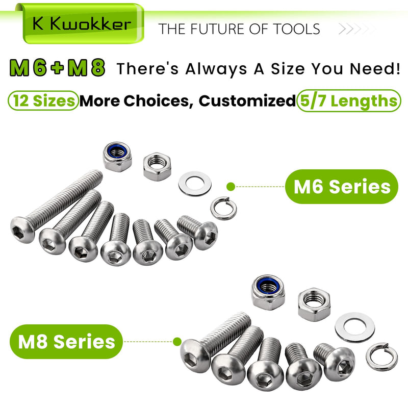 [Australia - AusPower] - 500Pcs M6 M8 Metric Screws Assortment Kit 12MM-40MM w/Lock Nut, Button Head Hex Socket Nuts and Bolts Assortment Kit, 304 Stainless Steel Machine Screws w/Washers, M6x1.0 Bolt, M8x1.25 Bolt G M6 M8 Hex Button Screws Silver 