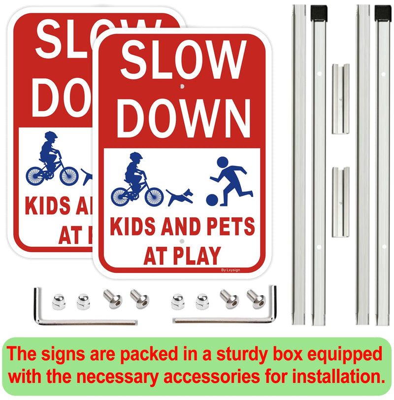 (2Pack) Slow Down Signs，Kids Playing Sign with Stake for Street - Children at Play Safety Signs with 36 Inches Metal Stakes & 14"×10" Reflective Aluminum Sign, Fade Resistant, water proof/weather proof, Easy to Install Style2-2pack with Stake