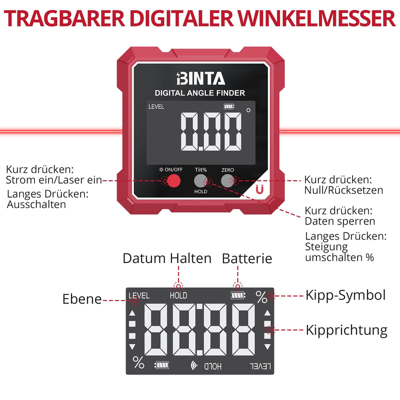 [Australia - AusPower] - BINTA Digital Protractor Inclinometer Laser Spirit Level with LCD Display, Rechargeable IP54 Waterproof Magnetic Levelling Box Level Box for Woodworking, Construction, Decoration, DIY 