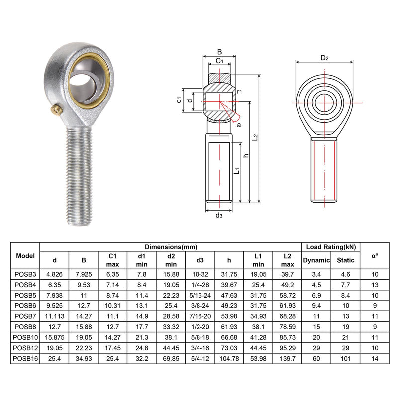 [Australia - AusPower] - uxcell 2pcs POSB6 Male Rod End Bearing 3/8 Inch Bore and 3/8-24 Right Hand Thread, Self-Lubricating Joint Rod Ends, includes Jam Nut 