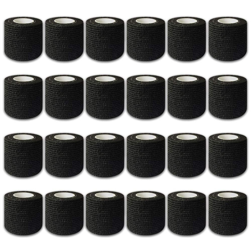 Autdor Tattoo Grip Cover Wrap - 24Pcs 2" x 5 Yards Disposable Cohesive Tattoo Grip Tape Wrap Black Elastic Bandage Rolls Self-Adherent Tape for Tattoo Machine Grip Tube, Sports Tape