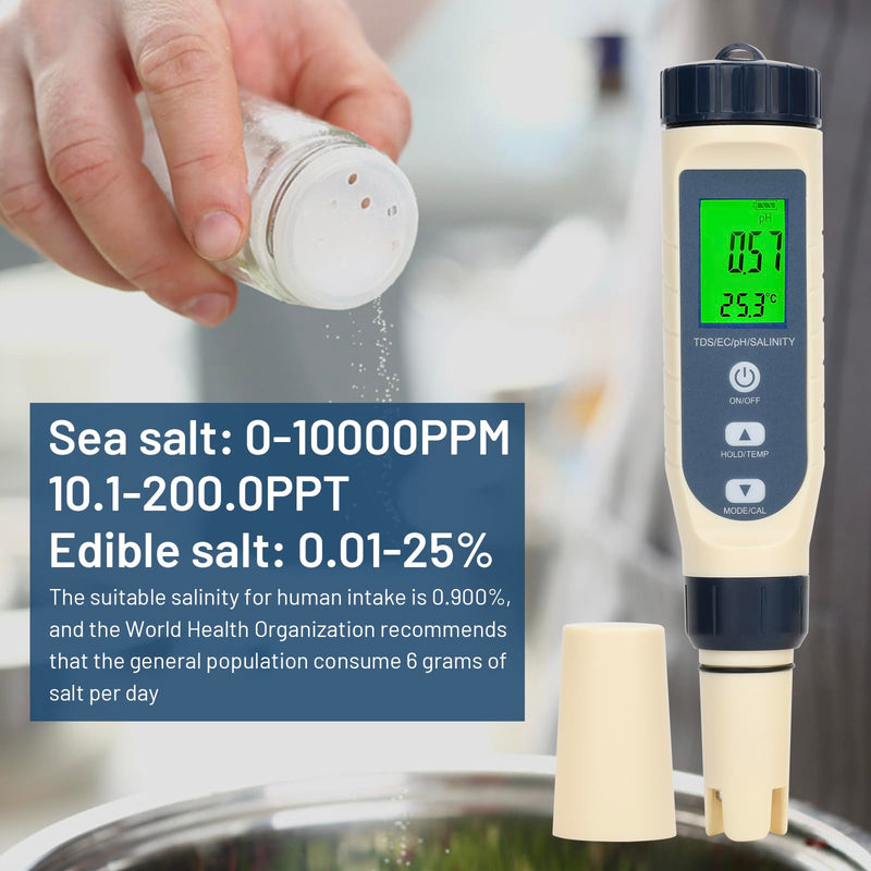 [Australia - AusPower] - diymore Aquarium PH Meter for Water Pool Salt Tester,Digital Salinity Meter Tester and PH Tester for Pool Saltwater Water,5 in 1PH,EC,TDS,PPM,Temperature,Easy to Read,for Drinking Water,Wine,Food 