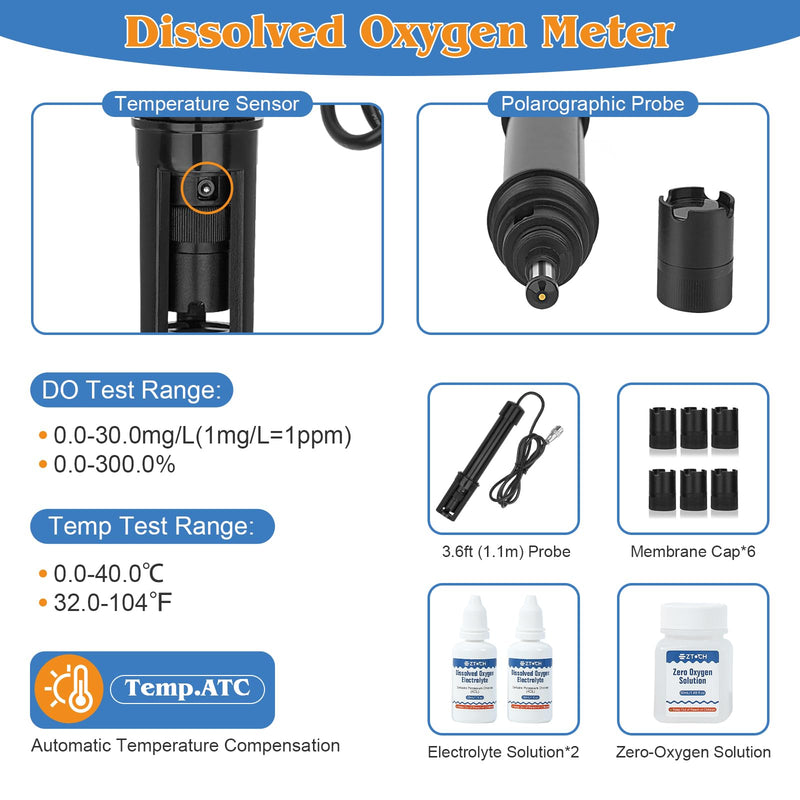 [Australia - AusPower] - Portable Dissolved Oxygen Meter for Pond, Digital Dissolved Oxygen Test Kit for Fish Tank, Do Meter Oxygen Analyzer with 3.6ft Probe for Koi Pond Aquarium, Measure DO in Water, Aquaponics 