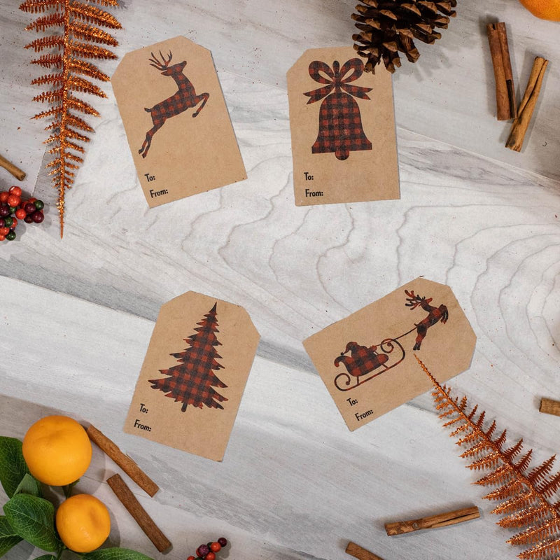 Plaid Christmas Silhouettes Brown Kraft Gift Tag Stickers – 2 x 3 Inch Holiday Labels, Set of 25 – 4 Festive Designs: Reindeer, Bell, Sleigh, Tree – Made in The USA
