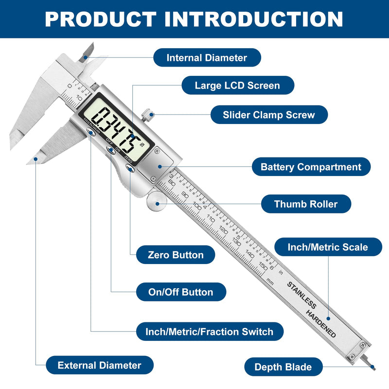 [Australia - AusPower] - Digital Caliper Measuring Tool, 6 Inch Stainless Steel Vernier Caliper Digital Micrometer with Large LCD Screen, Auto-Off Feature, Easy Switch from Inch to Millimeter 