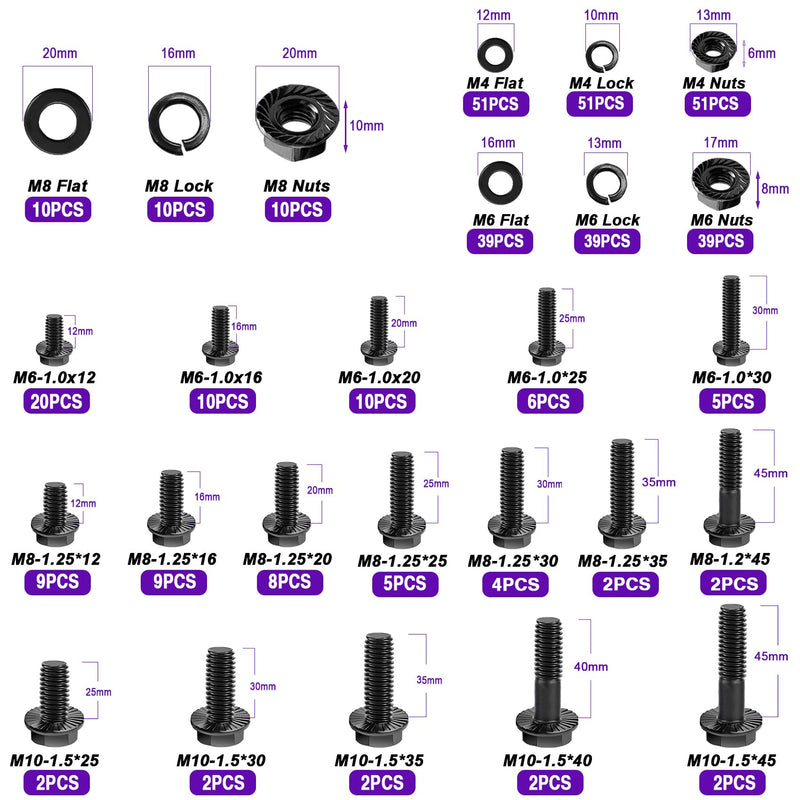 [Australia - AusPower] - Taiss 400PCS Metric Flange Bolt Assortment kit,M6x1.0 Bolt, M8x1.25 Bolt, M10x1.5 Bolt (12mm to 45mm) 10.9 Black zinc Plating Hex Bolts+30 Sets 1/4-20 x 3/4" Furniture Screw Nut Threaded Inserts 