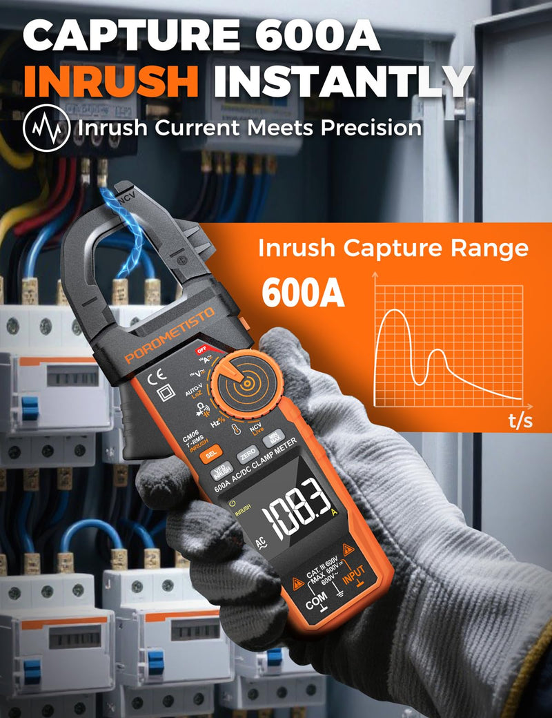 [Australia - AusPower] - Digital Inrush Clamp Meter, CM06 Clamp Multimeter, T-RMS 6000 Counts 600A Amp Meter with VFD, LOZ, Measures NCV, AC/DC Voltage Current, Continuity Capacitance Frequency Resistance 