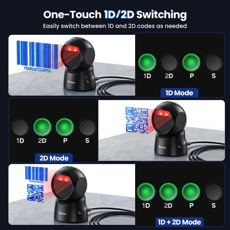 Eyoyo 2D USB Barcode Scanner, Hands-Free Desktop Automatic Omnidirectional QR Code Scanner, Wired Bar Code Reader with 1D 2D Mode Switch Button for Retail, Supermarket, Warehouse, Library, POS Systems Black