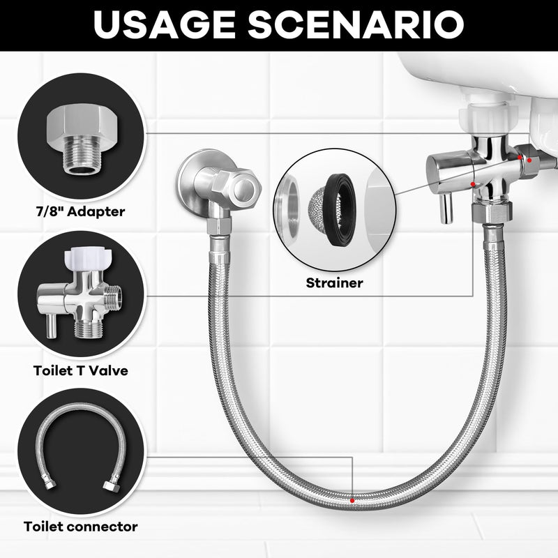 Bidet T Adapter with Shut off Valve,Metal T Valve for Bidet 7/8” X 7/8” X 1/2”or 3/8” with 15.75 Inch Flexible Toilet Connector, Tee Connector Bidet Attachment for Toilet