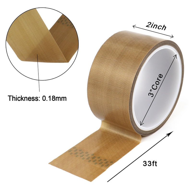 [Australia - AusPower] - BOMEI PACK Teflone PTFE Glass Cloth Tape, (2-inch x 33 Feet x 0.18mm) High Temperature PTFE Tape for Vacuum Sealer Machine, Hand Impulse Sealers Insulation PTFE Coated Fiberglass Adhesive Tape 2-inch x 33 Feet 