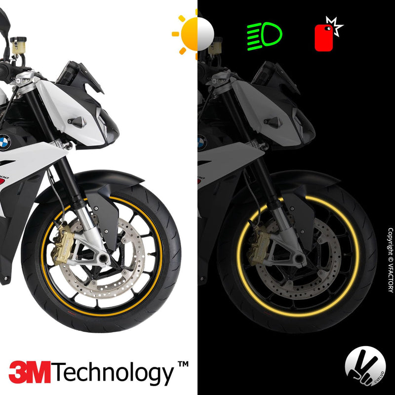 VFLUO - Motorcycle Reflective Wheel Stripes kit, 1 Wheel Rim Stickers Pack, 3M Technology™ - High lateral Visibility, Discreet and Design, Easy Installation