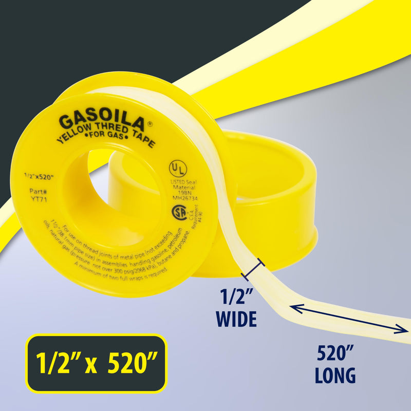 Gasoila Yellow PTFE Thread Seal Tape – Professional-Grade, 1/2 Inch x 520 Inch, High-Density Thread Tape for Gas Lines – Leak-Proof Seal, Non-Toxic 1/2 Inch x 520 Inch Roll- 1 Pack