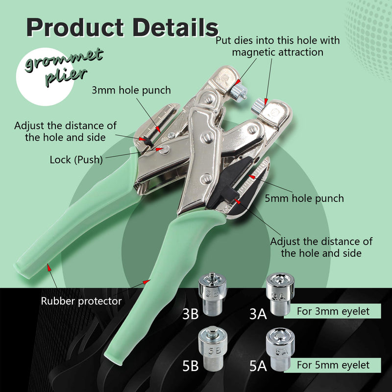 Grommet Eyelet Pliers Kit 3/16 1/8 Multi-Size Eyelets Hole Punch Plier with 160Pcs Metal Grommets Heavy Duty Eyelet Pliers Rivet Press Tool Set for Leather Tarps Clothes Belt Crafts
