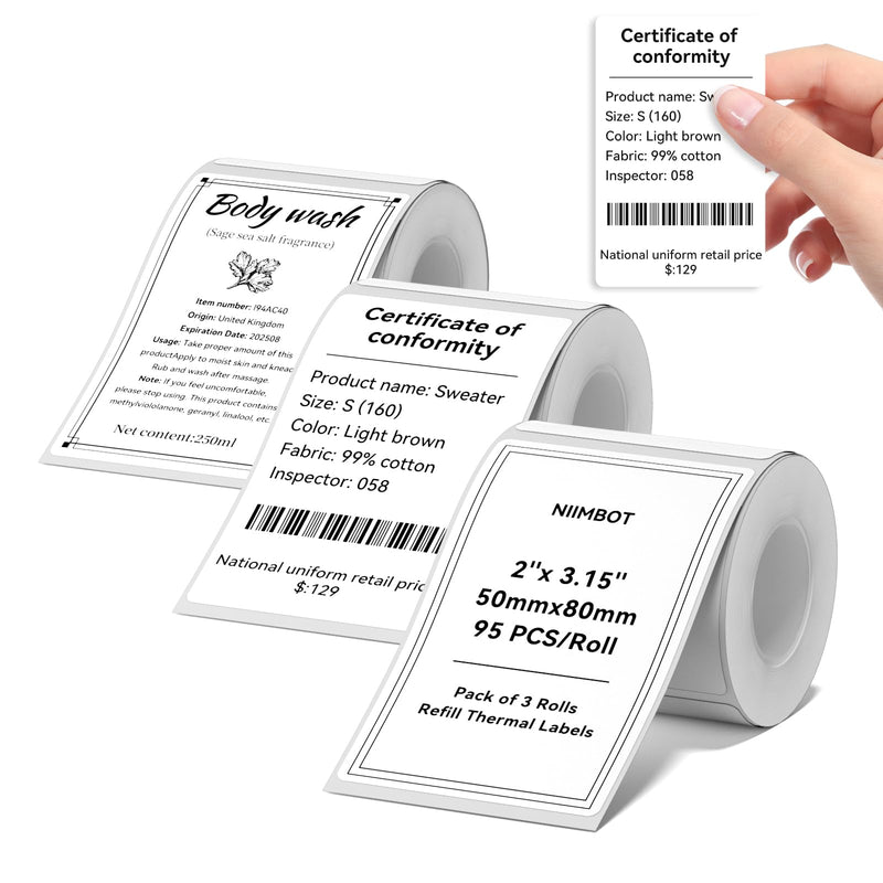 3 Rolls Labels for NIIMBOT B1 B21 B3S K3 Label Maker, 2'' x 3.15'' (50x80mm) Printer Labels, Food Labels for Jars, Personalized Editable Labels for Home/School/Office 50x80-3rolls-white