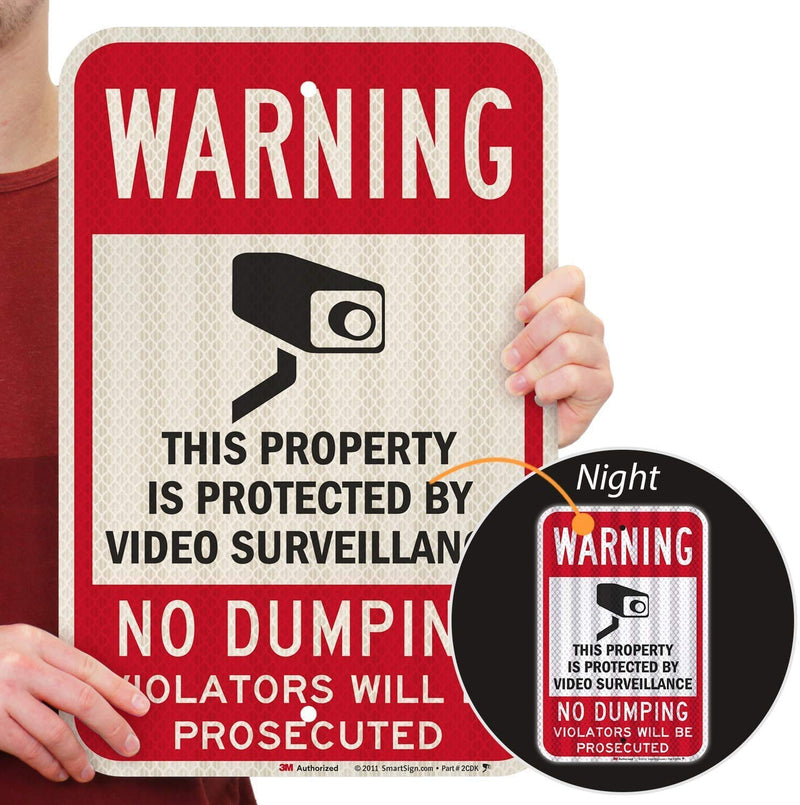 SmartSign-K-7484-HI Warning - Property Protected By Video Surveillance, No Dumping Sign By | 12" x 18" 3M High Intensity Grade Reflective Aluminum , Black/Red on White 3M Reflective Aluminum 10 Year Durability 18" x 12"