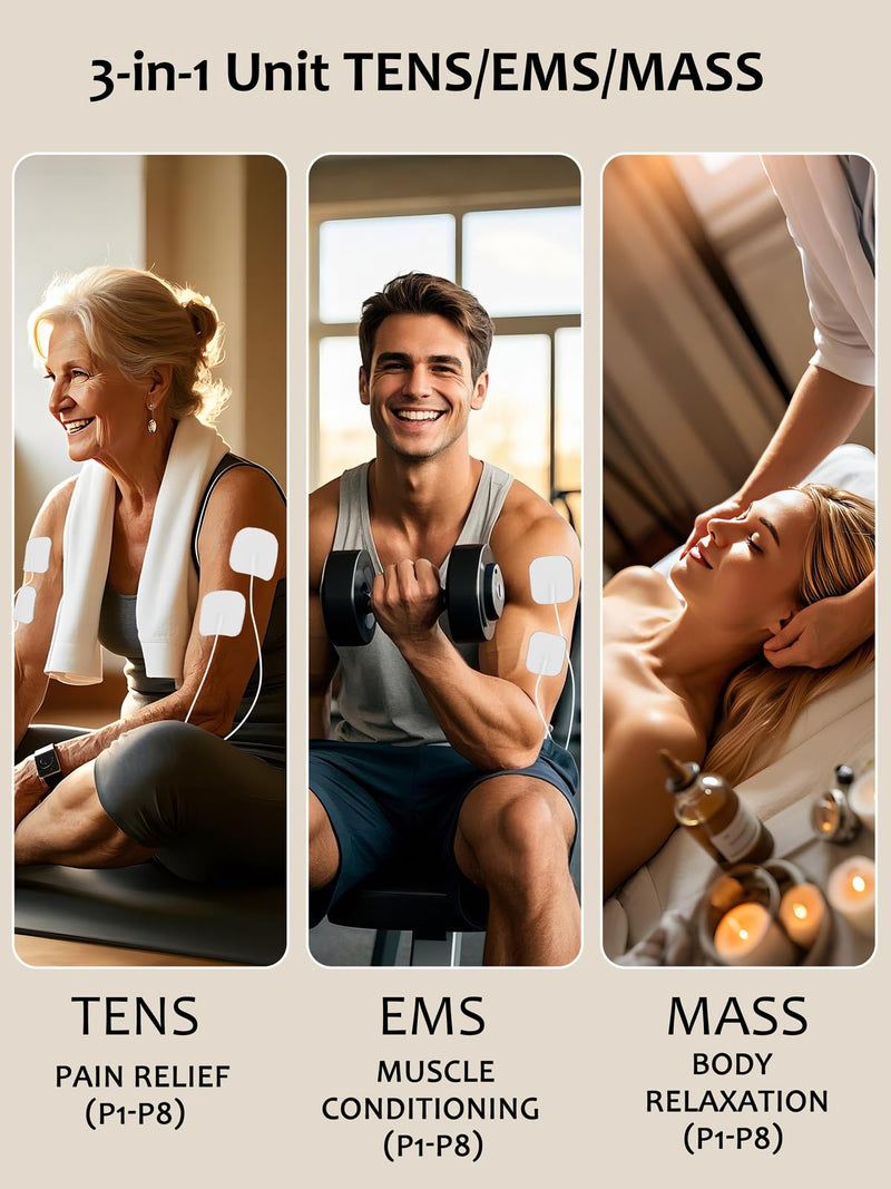 24 Modes TENS EMS Unit for Pain Relief, Muscle Stimulator Machine with 8 Reusable Electrode Pads - FDA Cleared 3-in-1 Device, 40 Intensity Levels, 90 Min Timer, Back/Neck/Knee Therapy, Pulse 2-150Hz 280 White