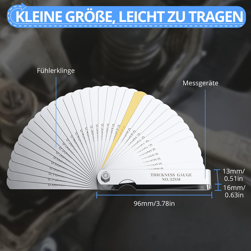 CAMWAY Stainless Feeler Gauge, 32 Blades Stainless Steel Blades High Precision Feeler Gauge Metric / Imperial Tool for Measuring Gap Width/Thickness/Metric Sizes, 0.04-0.88 mm 32 Klingen Fühlerlehren