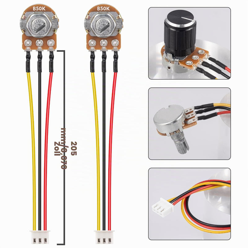 Pack of 3 50K Ohm B50K Potentiometer Mono Linear WH148 Rotary Potentiometer 3 Clamps Rotary Taper Single Potentiometer Variable Resistors with XH2.54-3-Pin Connection Cable and 3 Pieces Rotary Knob