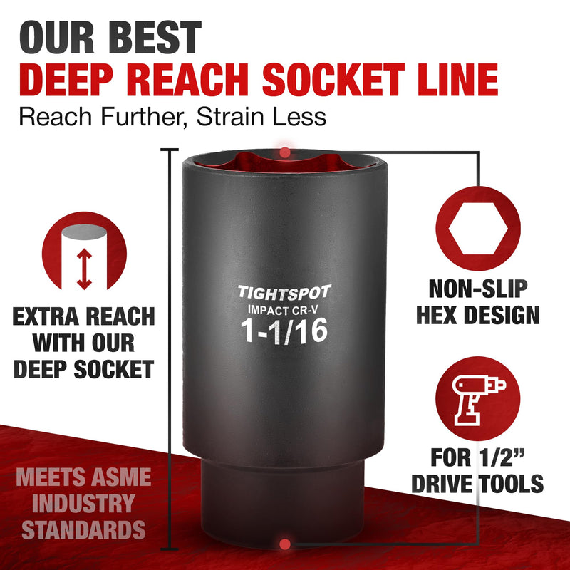 [Australia - AusPower] - TIGHTSPOT 1/2 Inch Drive - 1 1/16 Inch Deep Impact Socket with Anti-Rounding 6 Point Design, Heat-Treated CRV Steel 1/2” Drive Deep Socket 1/2” Drive 1 1/16” Deep Impact Socket - 6pt 