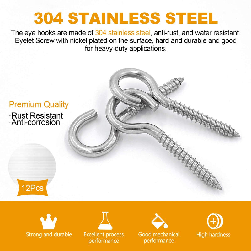 [Australia - AusPower] - 3.2 Inches 304 Stainless Steel Screw Eyes 6 Pack,Heavy Duty Screw in Hooks for Hammock Stand, Indoor Ceiling&Outdoor 