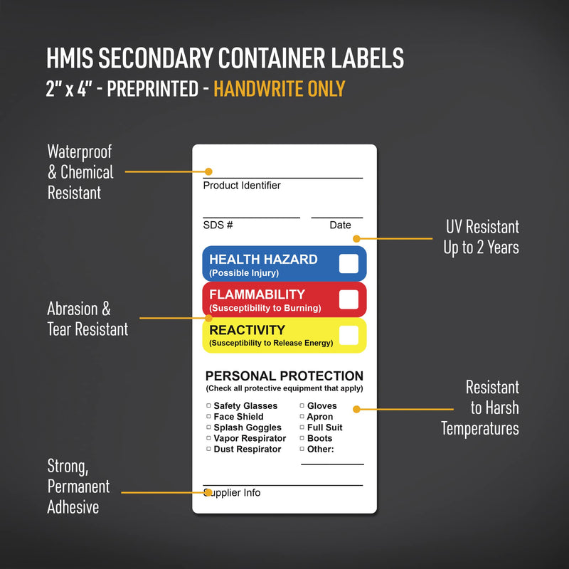 Avery HMIS Secondary Container Labels, Waterproof, Chemical Resistant, Preprinted, Handwrite-Only, 4" x 2", 100 HMIS Labels 4" x 2" 100 labels