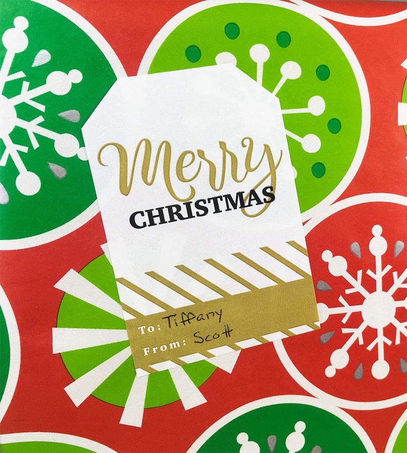Merry & Bright Gold Gift Tag Stickers – 2 x 3 Inch Holiday Labels, Roll of 100 with 4 Festive Designs – Elegant Christmas Wrapping Tags, Made in The USA