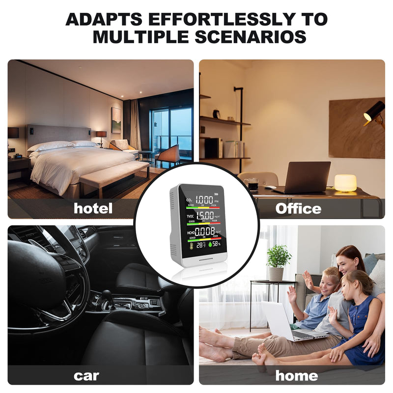 8-in-1 Air Quality Monitor | with Real-Time Temp, Humidity & Clock Display | Portable CO2, HCHO, TVOC, AQI Detector for Home, Office, Car