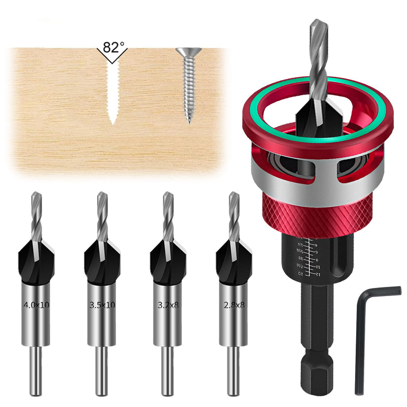 [Australia - AusPower] - 6-Piece Countersink Drill Bit SE, Precise Drills Drill Countersink with 1/4 Inch Hex Shank, Countersink Wood Drill with Depth Stop, Even Drilling 