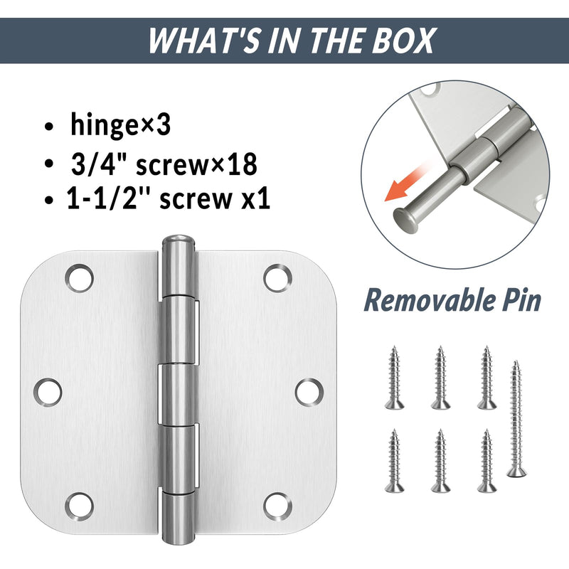 [Australia - AusPower] - 3 Pack Rounded Door Hinges Brushed Nickel 3.5 x 3.5 inch with 5/8 Radius, Satin Nickel 3 1/2 Interior Door Hinges, 3 ½"x 3 ½" Silver Hardware 3 Pack Brushed Nickel-5/8 Radius 