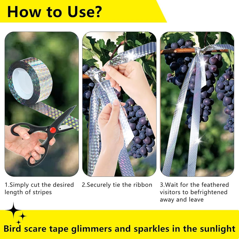 Bird Scare Reflective Tape, 328 ft Roll, Double-Sided Flash Tape for Sparrows and Woodpeckers, Outdoor Bird Deterrent for Gardens, Farms, Orchards, Homes