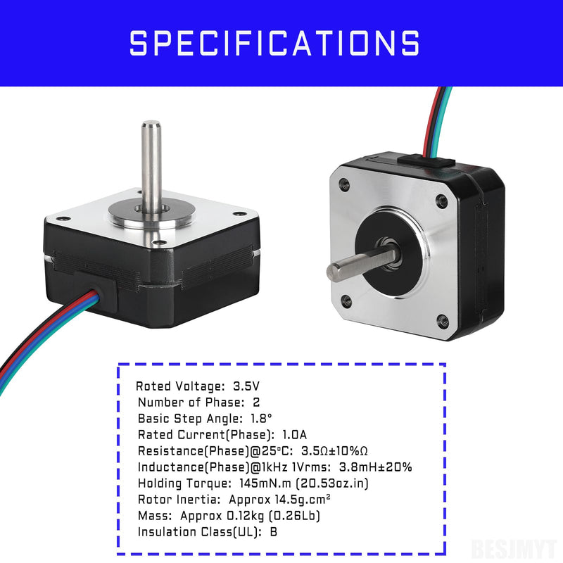 Nema 17 Stepper Motor 3PCS High Accuracy 145mNm/20.53oz.in High Torque 20.5mm(0.81inch? Bipolar 1A-3.5V 1.8 Degree 2 Phase 4 Lead for 3D Printer/CNC Machine Tool