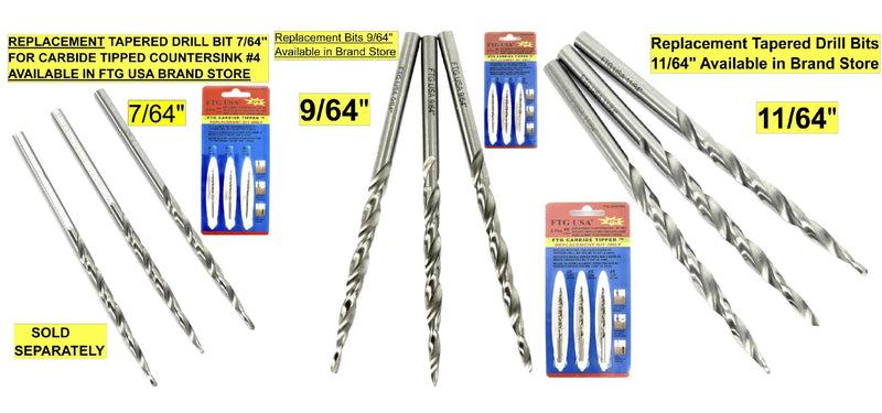 FTG USA 3 Pc #4#6#8 TCT Tapered Bit Wood Countersink Set, Standard Flute | Premium tungsten carbide tipped (TCT) cutter set for clean woodworking. Includes sharp tapered drill bits and an Allen wrench Standard Flute w/o Depth Stop