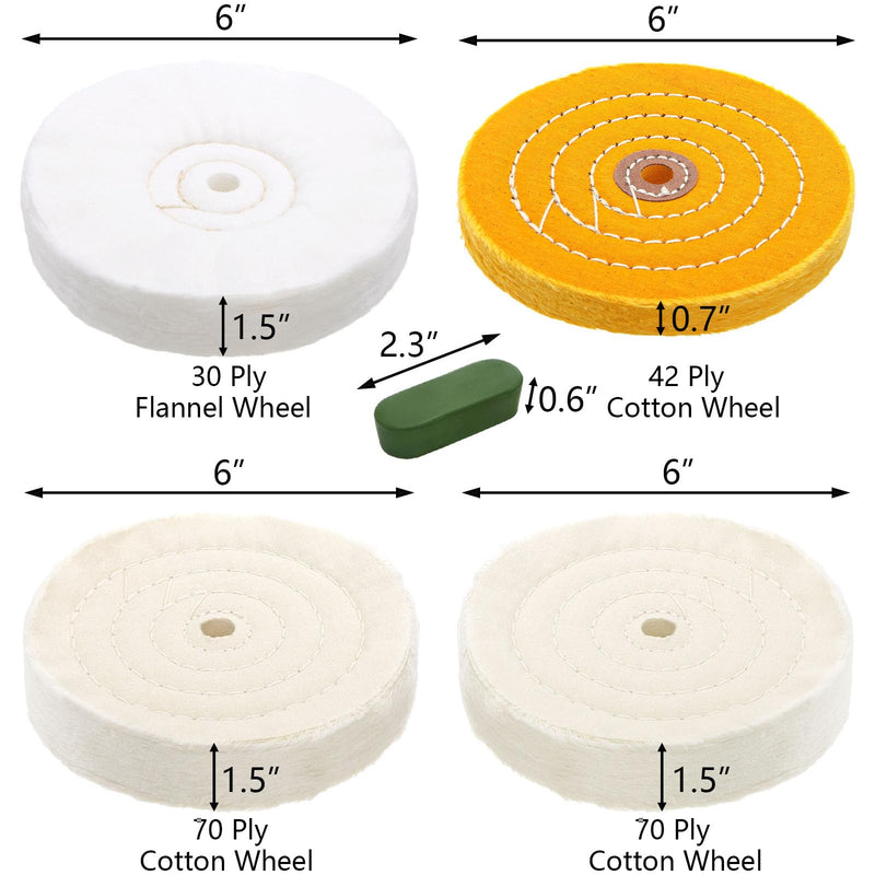 [Australia - AusPower] - Hedume 7 Pcs 6" Polishing Wheels Kit for Bench Grinder, 1/2" Arbor Hole 2 White Cotton Polish Wheel(70Ply), 1 Yellow Cotton Wheel(42Ply), 1 Soft Flannel Buffing Wheel(30Ply), 3 Polishing Compound Set 