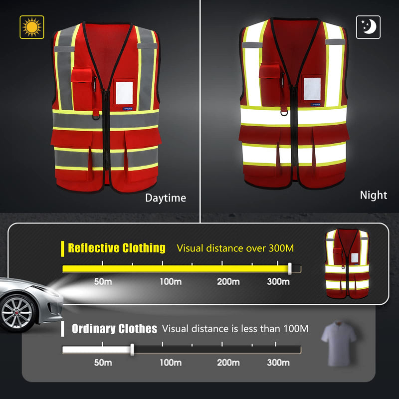 AYKRM Security Vest for Men Women 7 Pockets High Visibility Reflective Safety Vest Front Zipper Meets ANSI/ISEA Red-emt 8X-Large