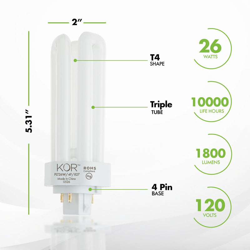 KOR (Pack of 8) PL26W/3U/4P/2700K - 26 Watt Triple Tube - GX24Q-3 (4 Pin) Base - 2700K Warm White - Compact Fluorescent Light Bulb 8 Pack